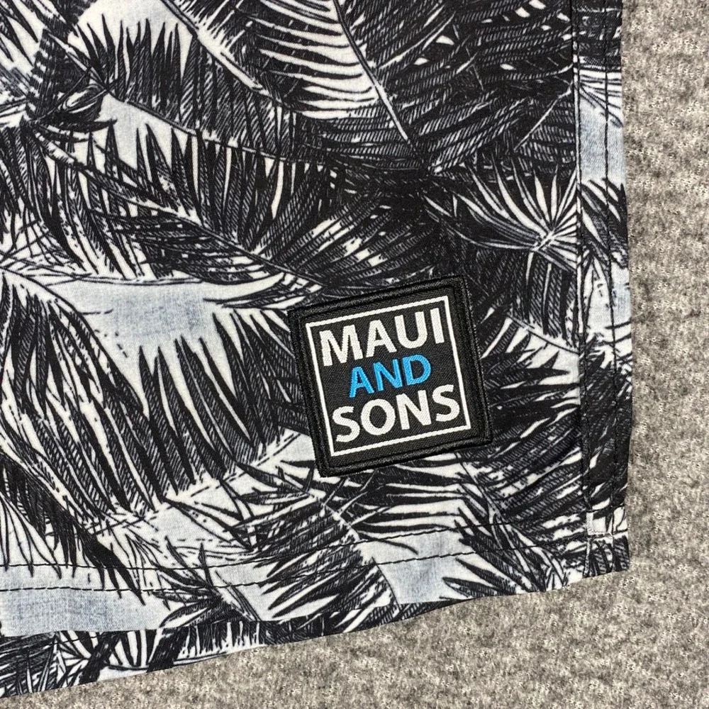 Maui‎ and Sons Mens XL Swim Trunks Black White Palm Tree Tropical Board Shorts